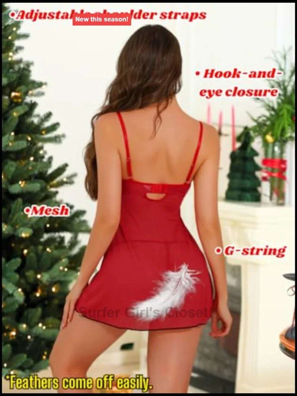 Sheer Mesh Babydoll Lingerie Set Feather Trim V-Neck Christmas Boudoir